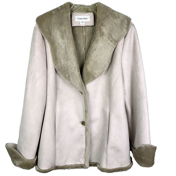 Calvin Klein Microsuede Jacket Faux Fur Lined Trim Coat Penny Lane Buttons Y2K L - Picture 1 of 15